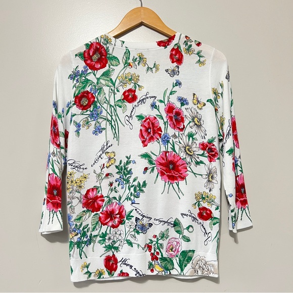 Talbots Petites Cardigan Sweater White Floral Button Down Medium Modern Preppy - Picture 4 of 12